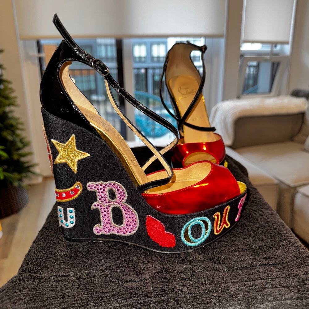 Christian Louboutin Loubi Zeppa Crisscross Red Sole Wedges – Size 7